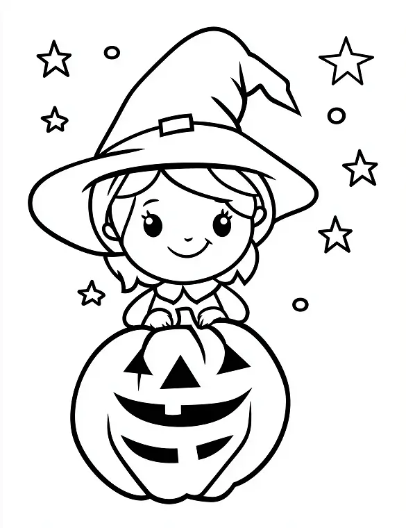 Cute Witch Girl Behind a Jack O Lantern Halloween Coloring Page by Mindset Flow