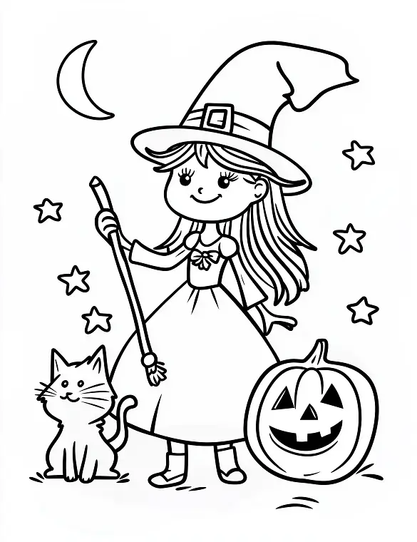 Cute Witch Girl with Cat and Jack-o-Lantern Halloween Coloring Page by Mindset Flow