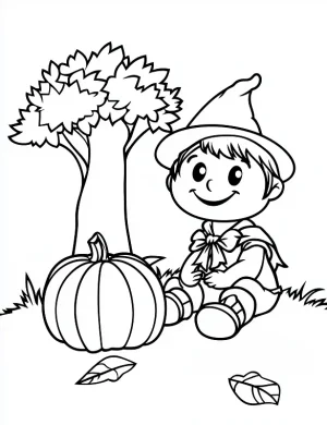 Cute Witch Sitting with Pumpkin Halloween Coloring Page by Mindset Flow