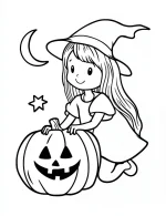 Cute Witch with Pumpkin and Moon Halloween Coloring Page by Mindset Flow