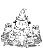Cute Wizard Cat with Wise Owls Coloring Page by Mindset Flow
