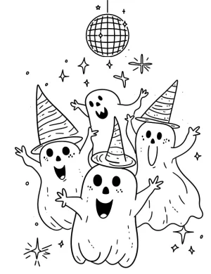 Dancing Ghosts with Party Hats Halloween Coloring Page by Mindset Flow