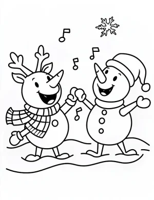 Dancing Reindeer and Snowman Christmas Coloring Page by Mindset Flow