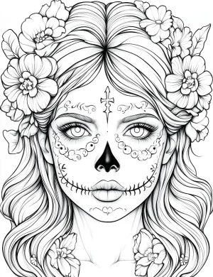 Day of the Dead Sugar Skull Girl Adult Coloring Page by Mindset Flow