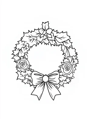Decorated Circular Wreath with Bow and Roses Coloring Page