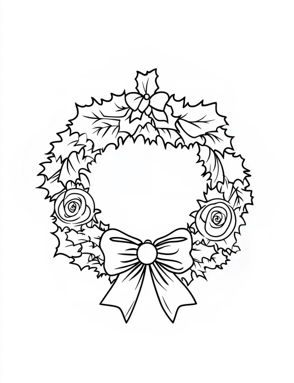 Decorated Circular Wreath with Bow and Roses Coloring Page