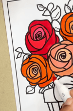Decorative Bouquet of Spiral Roses in a Striped Pot Coloring Page How to Video