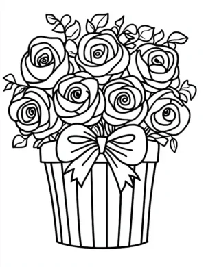 Decorative Bouquet of Spiral Roses in a Striped Pot Coloring Page by Mindset Flow