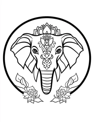 Decorative Elephant Head Mandala With Floral Accents Circle Coloring Page by Mindset Flow