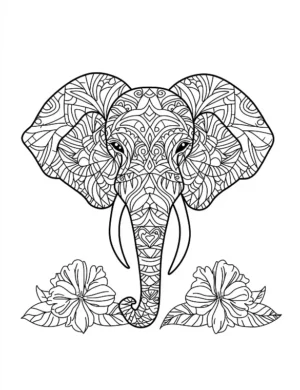 Decorative Elephant Mandala Head with Hibiscus Flowers Coloring Page by Mindset Flow