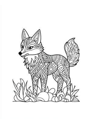 Decorative Fox with Diamond Mandala Patterns Standing on Grassy Ground Coloring Page by Mindset Flow