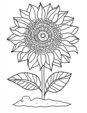 Decorative Sunflower With Detailed Petals And Leaves Coloring Page by Mindset Flow