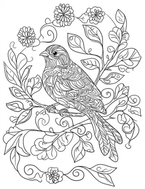 Delicate Swirling Floral Patterns With Bird Sitting On Branch Coloring Page by Mindset Flow