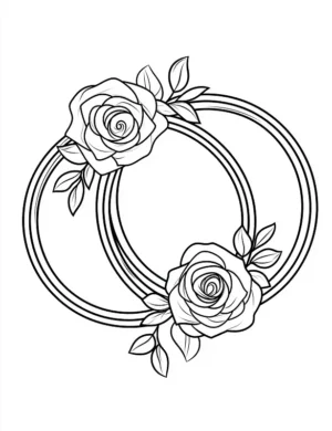 Delicate Two Interlocking Wedding Rings With Roses Floral Frame Coloring Page by Mindset Flow