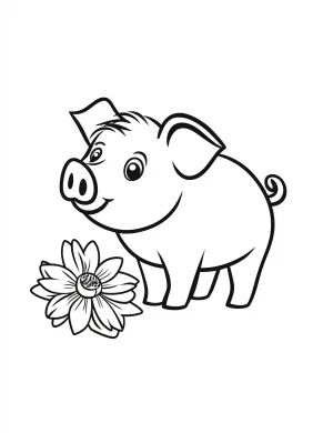 Delightful Cartoon Pig with Daffodil Flower Coloring Page