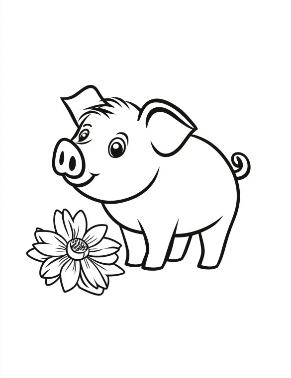 Delightful Cartoon Pig with Daffodil Flower Coloring Page