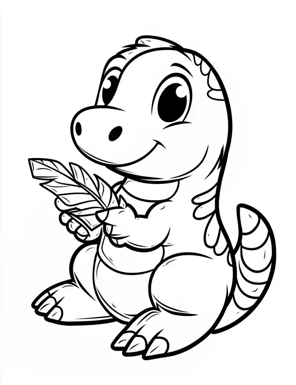 Delightful Dinosaur Holding a Leaf Coloring Page