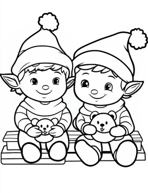 Delightful Elves with Teddy Bears Christmas Coloring Page by Mindset Flow