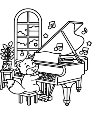 Delightful Tiny Fox Playing a Grand Piano Coloring Page By Mindset Flow