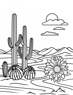 Desert Landscape with Cactus and Blooming Flower Coloring Page