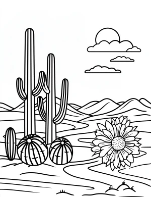 Desert Landscape with Cactus and Blooming Flower Coloring Page