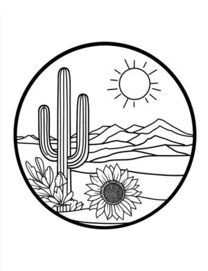 Desert Landscape with Cactus and Sunflower Coloring Page
