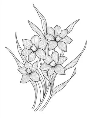 Detailed Daffodil Flower Bouquet with Leaves Coloring Page