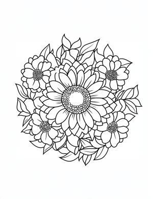 Detailed Floral Wreath with Sunflower and Daisies Coloring Page