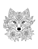 Detailed Fox Face with Floral Rose Elements and Leaf Accents Coloring Page by Mindset Flow