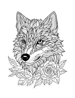 Detailed Fox Portrait With Rose Flower Coloring Page By Mindset Flow
