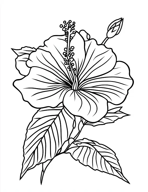 Detailed Hibiscus Flower In Full Bloom With Leaves Coloring Page by Mindset Flow