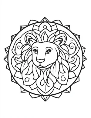 Detailed Lion Mandala Design with Floral Elements Coloring Page by Mindset Flow