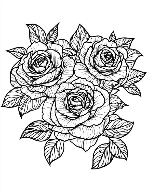Detailed Roses with Petals Bouquet Coloring Page