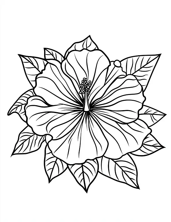 Detailed Tropical Hibiscus Flower with Leaves Coloring Page by Mindset Flow
