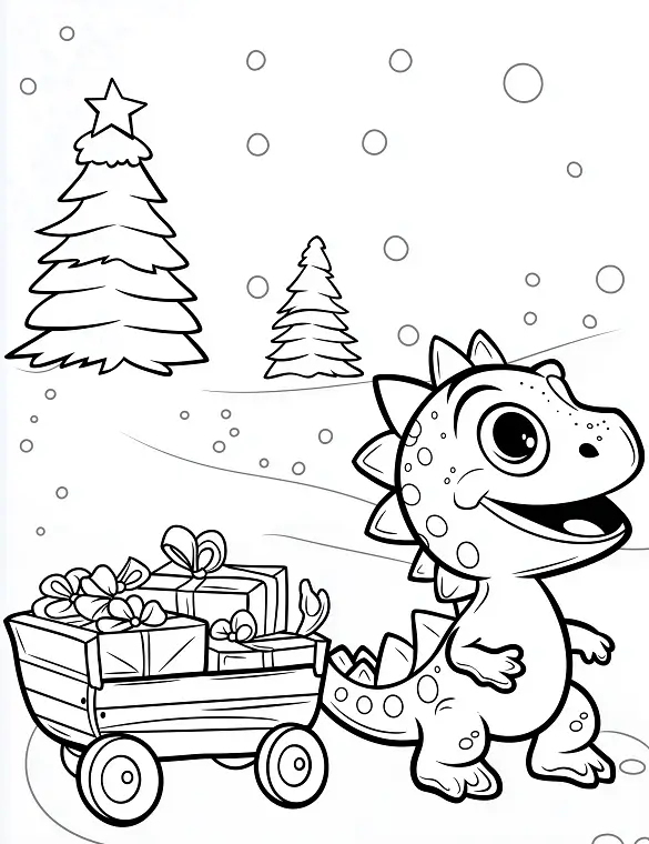 Dino with Christmas Gifts Sleigh Ride Coloring Page by Mindset Flow