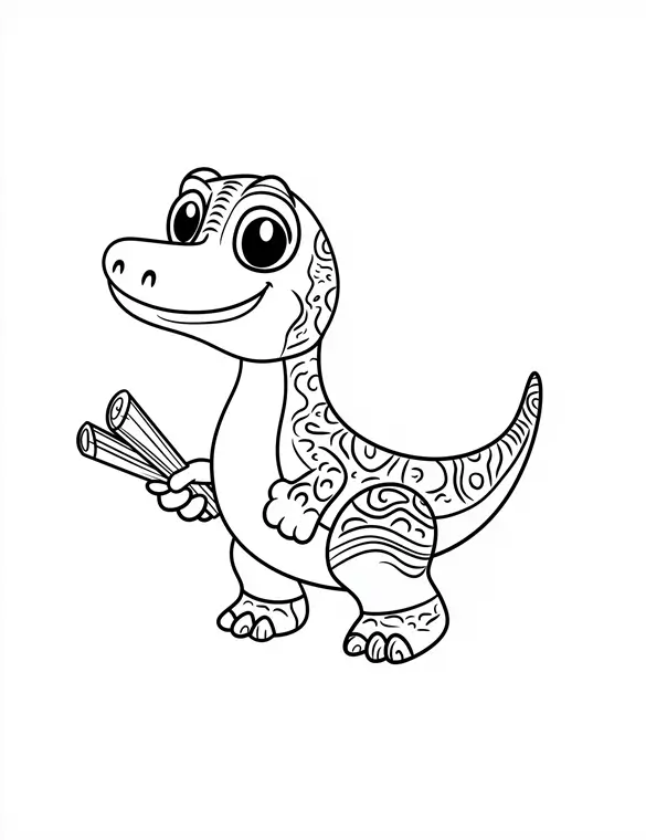 Dinosaur Holding Sticks with Patterns Coloring Page