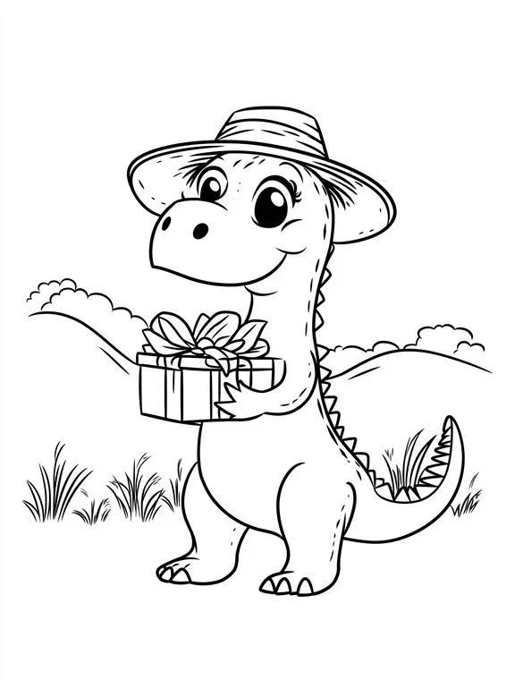 Dinosaur Holding a Gift with a Hat in a Park Coloring Page