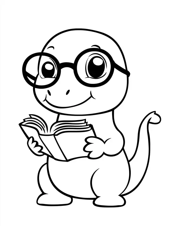 Dinosaur Reading a Book with Glasses Coloring Page
