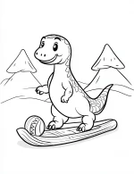 Dinosaur Sledding on Ice with Snowy Mountains Coloring Page