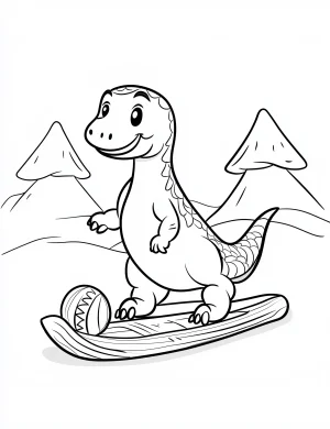 Dinosaur Sledding on Ice with Snowy Mountains Coloring Page