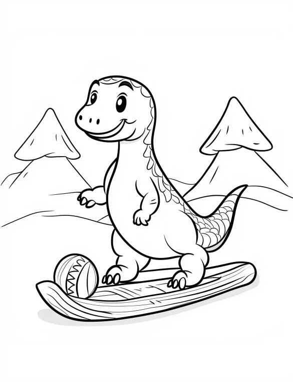Dinosaur Sledding on Ice with Snowy Mountains Coloring Page