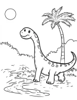 Dinosaur Standing Near Palm Tree with Sun in Background Coloring Page