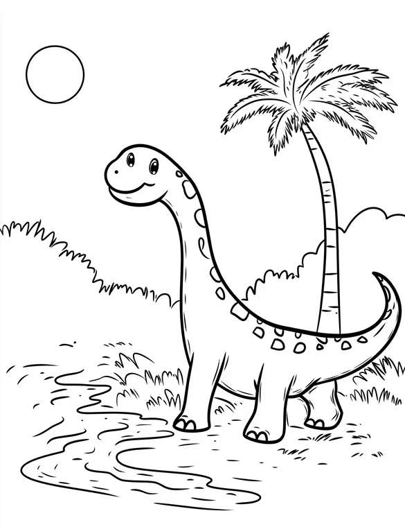 Dinosaur Standing Near Palm Tree with Sun in Background Coloring Page