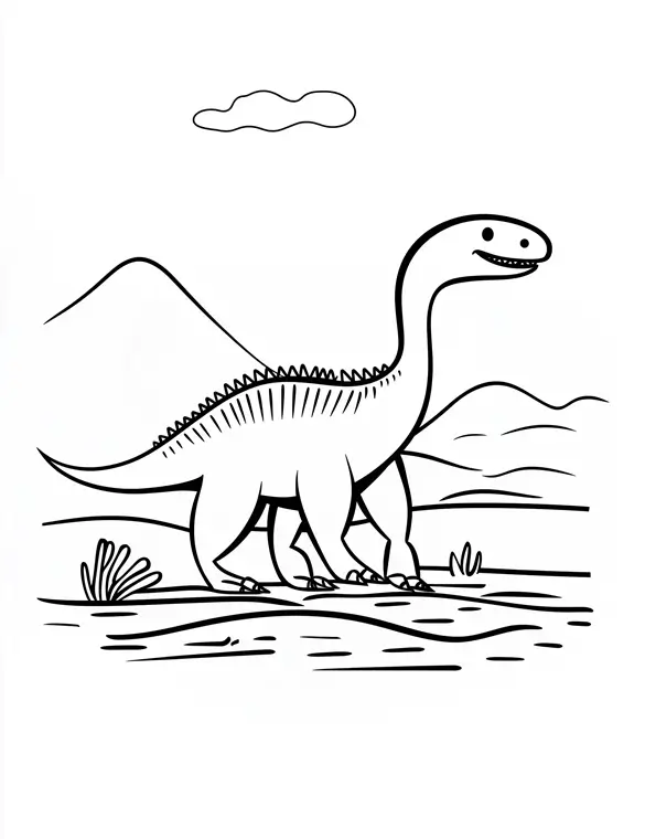 Dinosaur Walking in the Landscape with Mountains Coloring Page