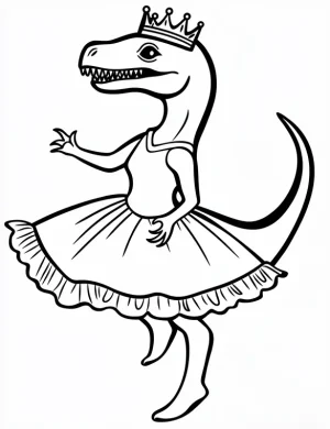 Dinosaur in Ballet Dress with Crown Coloring Page