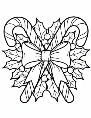 Double Candy Canes with Bow and Holly Festive Coloring Page By Mindset Flow