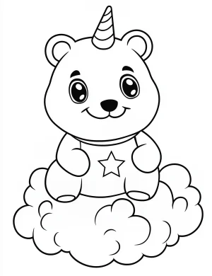 Dreamy Panda Unicorn with Plain Star T-Shirt Sitting on Fluffy Cloud Coloring Page