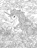 Dreamy Unicorn in Flowing Clouds and Lush Foliage Coloring Page