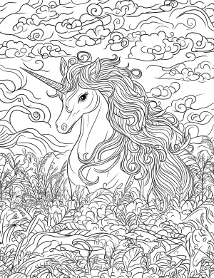 Dreamy Unicorn in Flowing Clouds and Lush Foliage Coloring Page