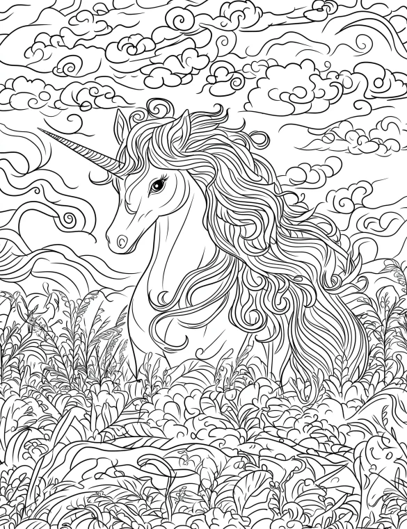 Dreamy Unicorn in Flowing Clouds and Lush Foliage Coloring Page